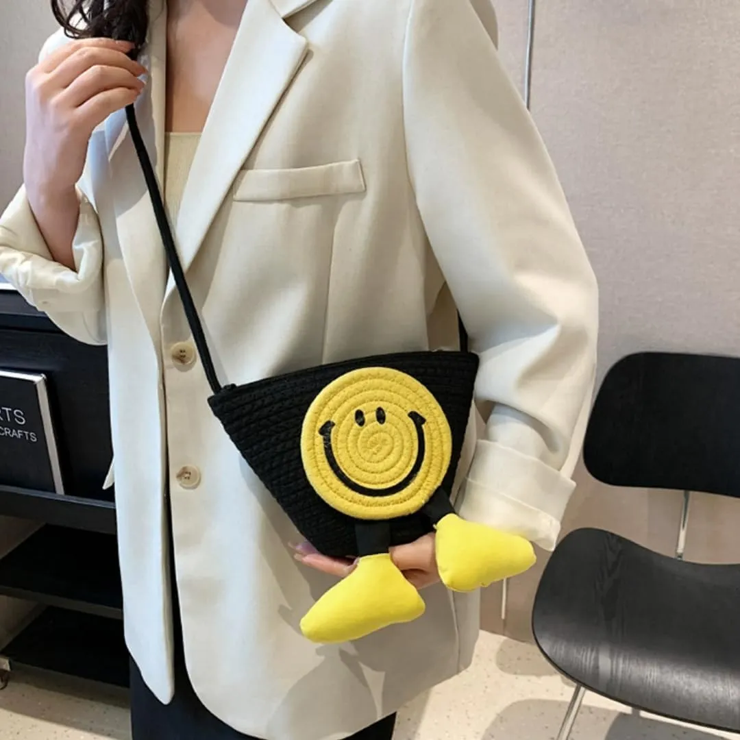Charming Cartoon Weaved Beach Bag for Women - Straw Bucket Purse with Smile Design, Versatile Crossbody & Handbag