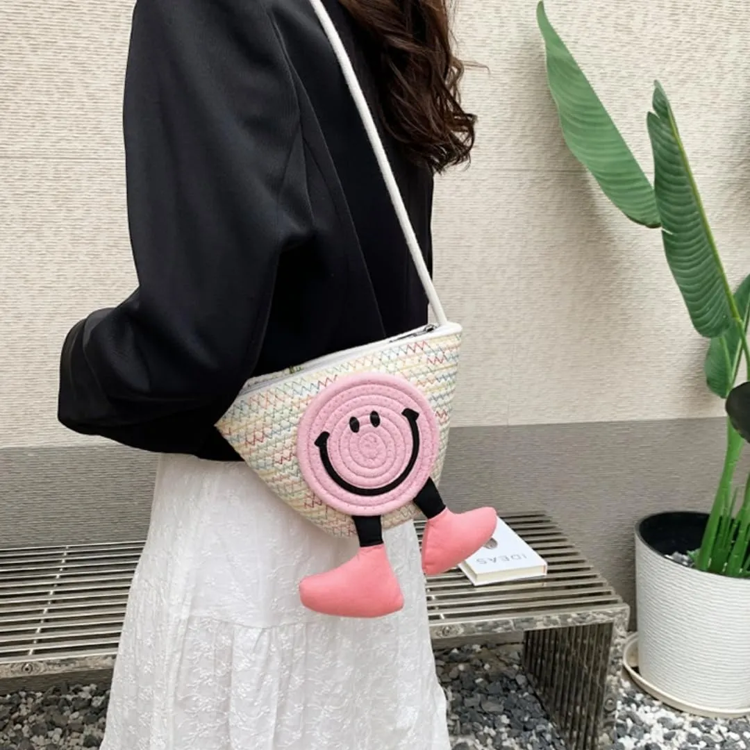 Charming Cartoon Weaved Beach Bag for Women - Straw Bucket Purse with Smile Design, Versatile Crossbody & Handbag