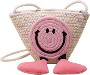 Charming Cartoon Weaved Beach Bag for Women - Straw Bucket Purse with Smile Design, Versatile Crossbody & Handbag