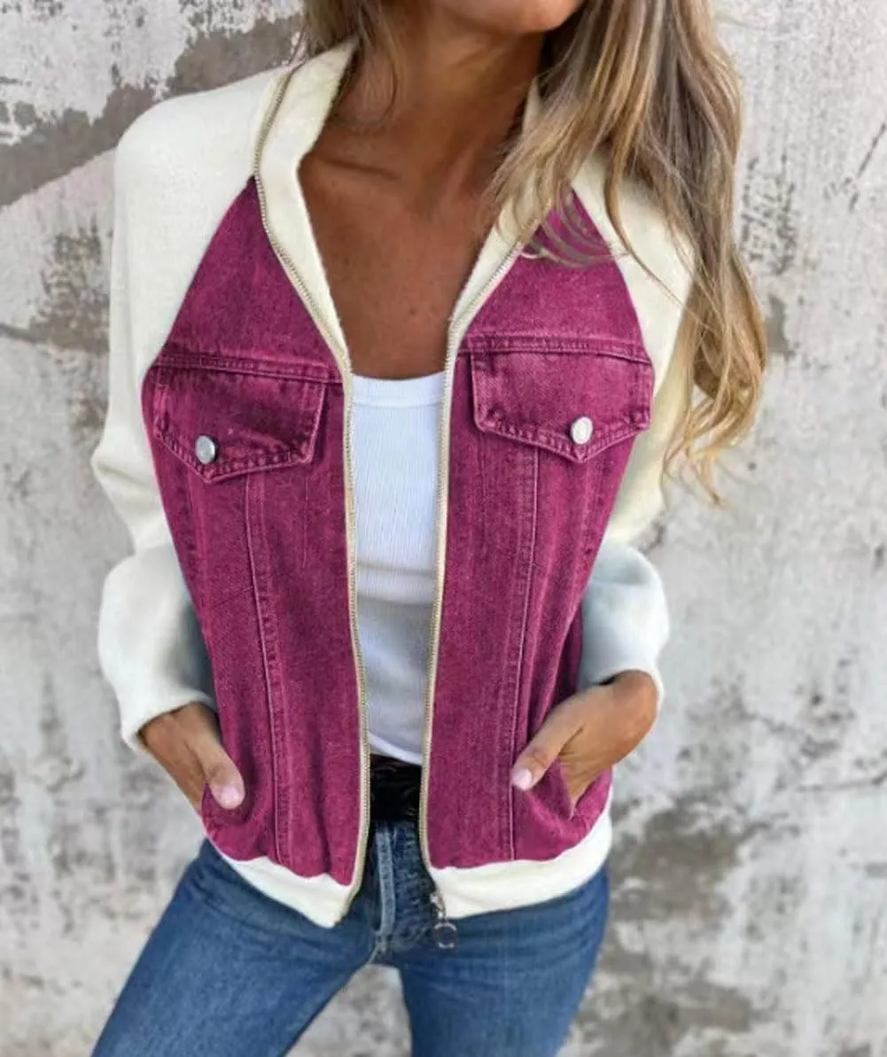 CHARTOU Women Bomber Jacket Zip Up Denim Patchwork Varsity Baseball Denim Jacket