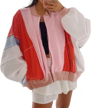 CHARTOU Women Vintage Varsity Jacket Baseball Bomber Jacket Coat Zipper Patchwork Colorblock 90s Letterman Jacket Y2K