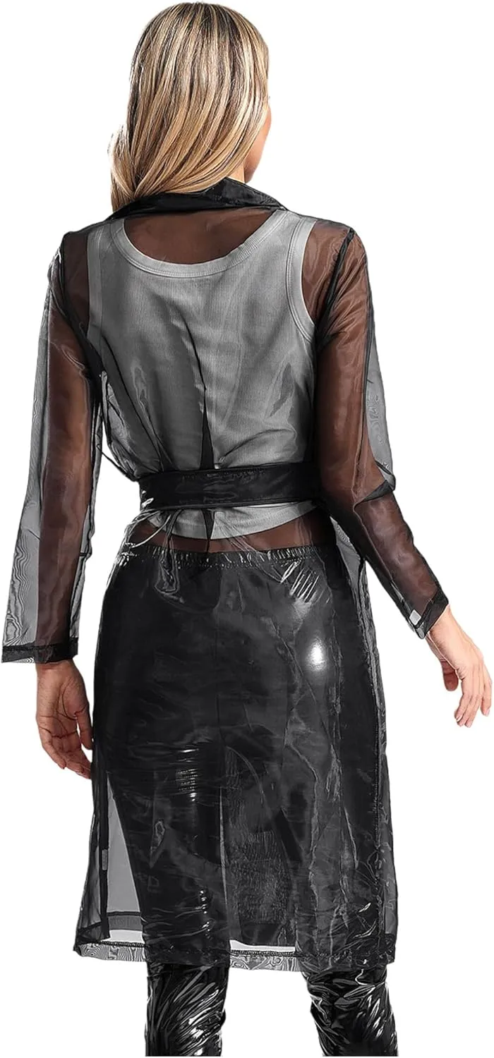 Choomomo Womens Double Breasted Trench Coat See Through Organza Overcoat Long Outerwear with Belt