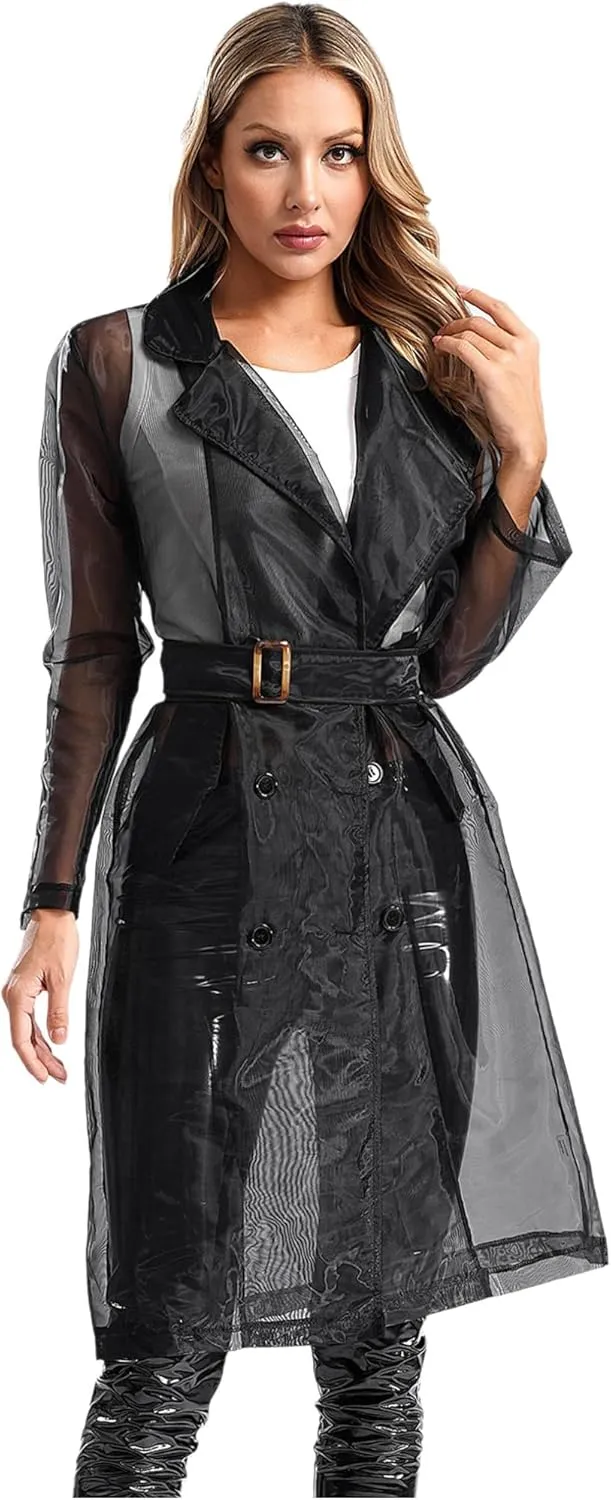 Choomomo Womens Double Breasted Trench Coat See Through Organza Overcoat Long Outerwear with Belt