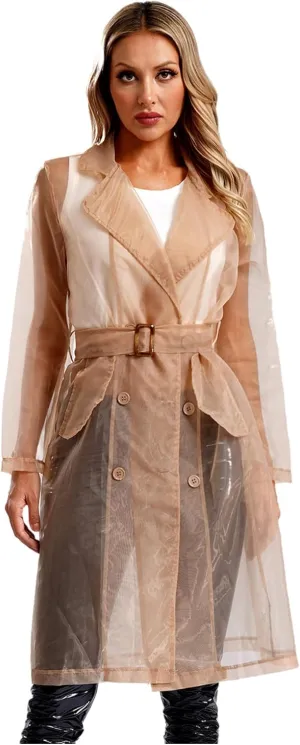Choomomo Womens Double Breasted Trench Coat See Through Organza Overcoat Long Outerwear with Belt
