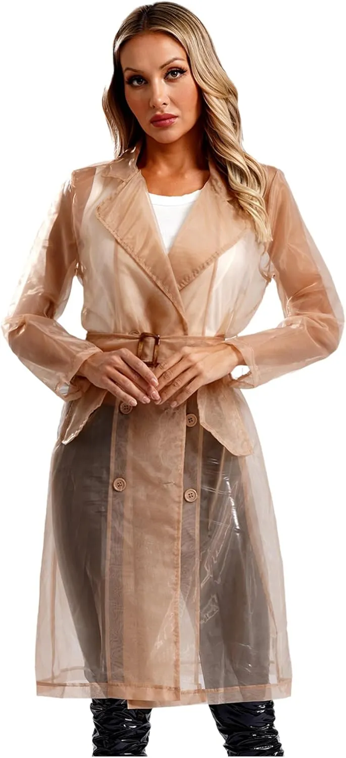 Choomomo Womens Double Breasted Trench Coat See Through Organza Overcoat Long Outerwear with Belt
