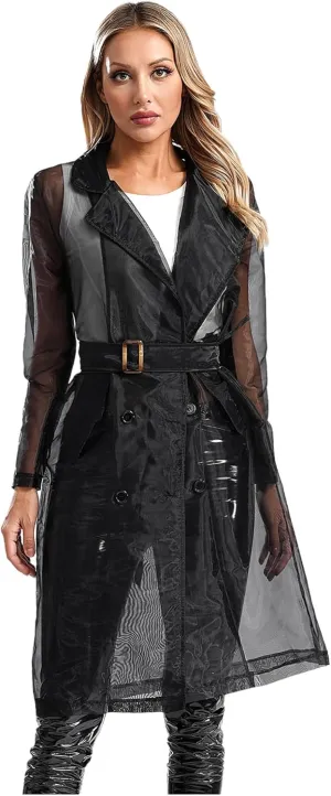 Choomomo Womens Double Breasted Trench Coat See Through Organza Overcoat Long Outerwear with Belt