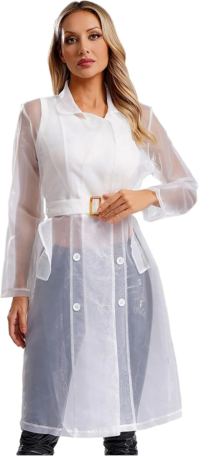 Choomomo Womens Double Breasted Trench Coat See Through Organza Overcoat Long Outerwear with Belt