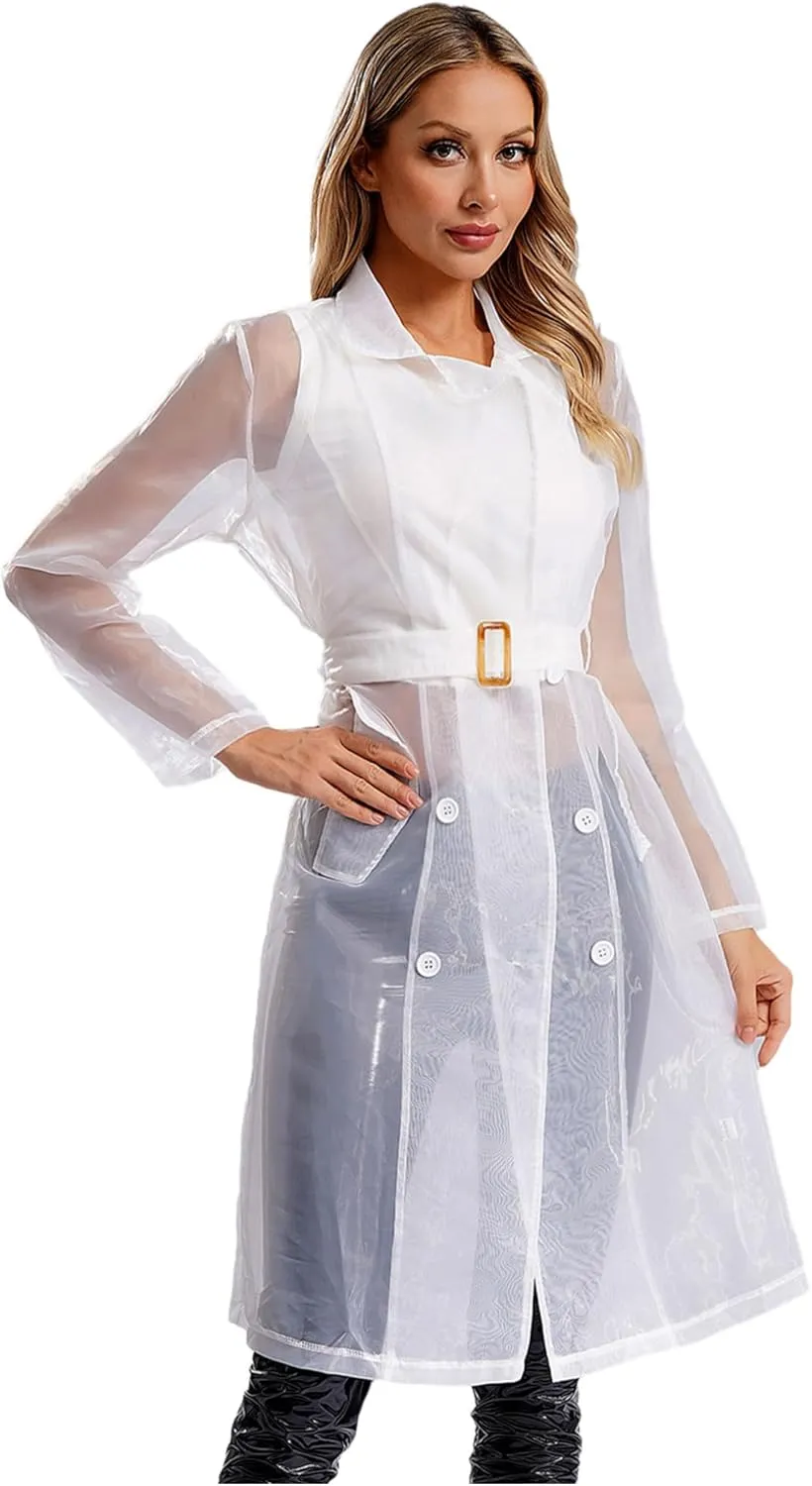 Choomomo Womens Double Breasted Trench Coat See Through Organza Overcoat Long Outerwear with Belt
