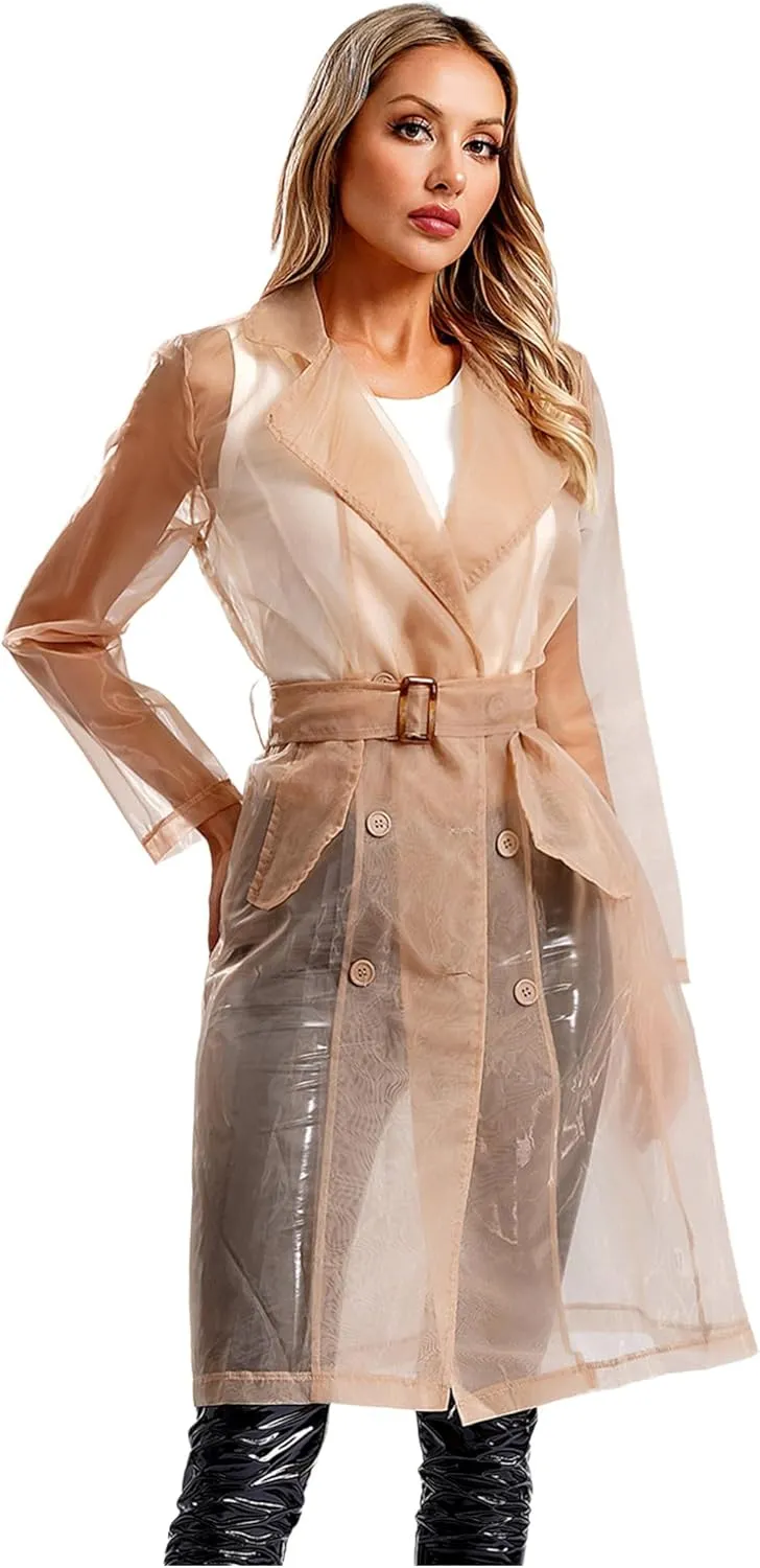 Choomomo Womens Double Breasted Trench Coat See Through Organza Overcoat Long Outerwear with Belt