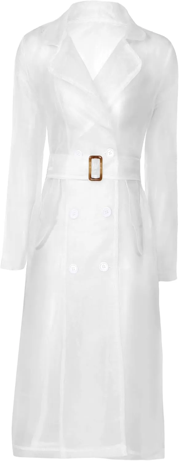 Choomomo Womens Double Breasted Trench Coat See Through Organza Overcoat Long Outerwear with Belt