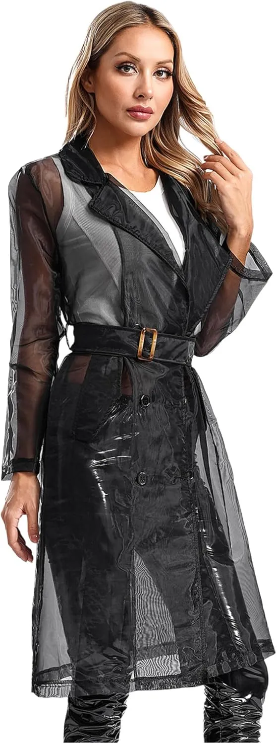 Choomomo Womens Double Breasted Trench Coat See Through Organza Overcoat Long Outerwear with Belt
