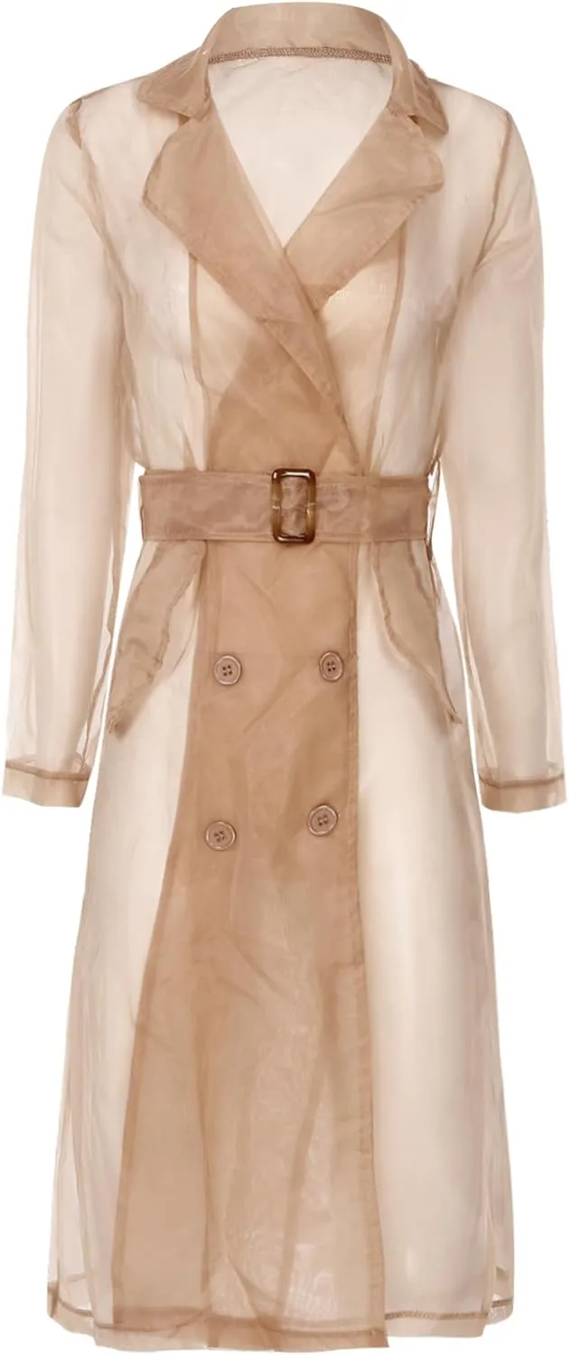 Choomomo Womens Double Breasted Trench Coat See Through Organza Overcoat Long Outerwear with Belt