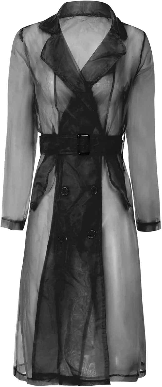 Choomomo Womens Double Breasted Trench Coat See Through Organza Overcoat Long Outerwear with Belt