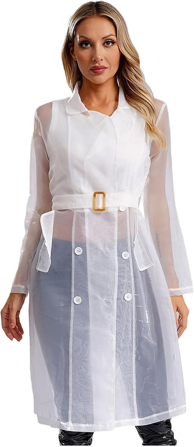 Choomomo Womens Double Breasted Trench Coat See Through Organza Overcoat Long Outerwear with Belt