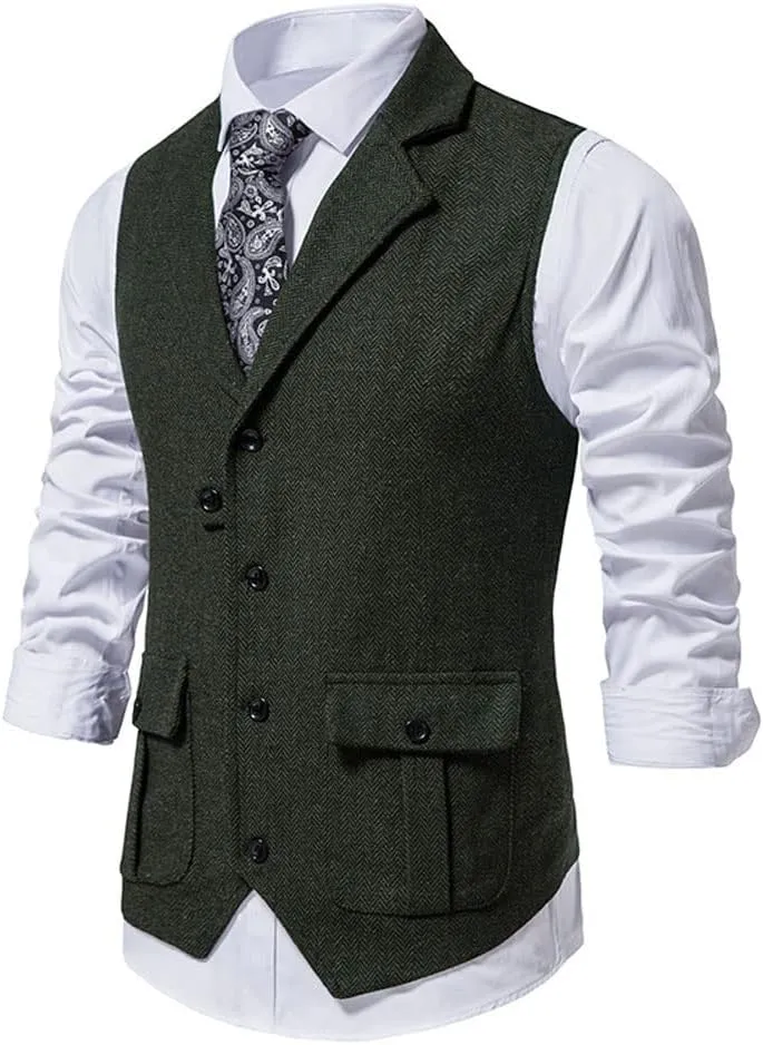 chouyatou Men's Herringbone Tweed Vest Notched Lapel Single Breasted Sleeveless Vest Jacket