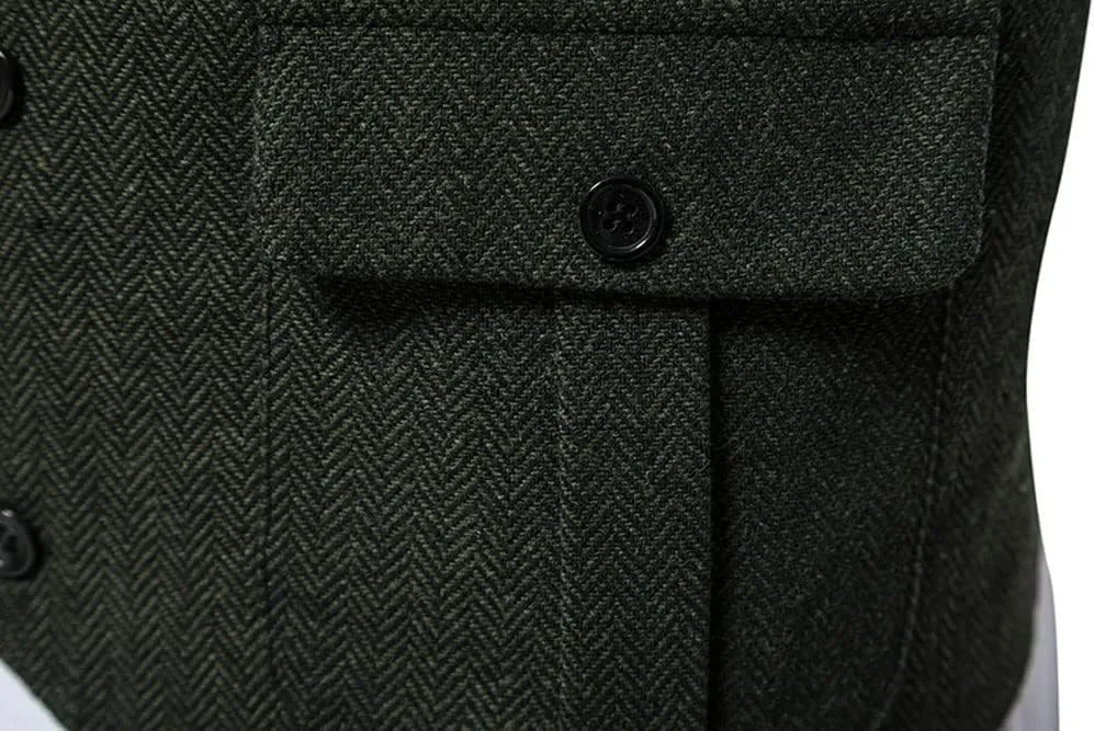 chouyatou Men's Herringbone Tweed Vest Notched Lapel Single Breasted Sleeveless Vest Jacket