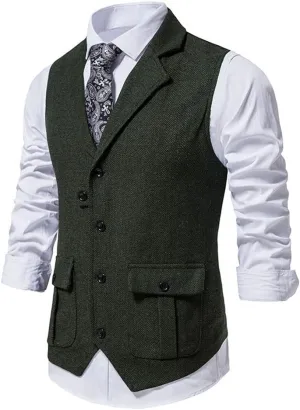 chouyatou Men's Herringbone Tweed Vest Notched Lapel Single Breasted Sleeveless Vest Jacket