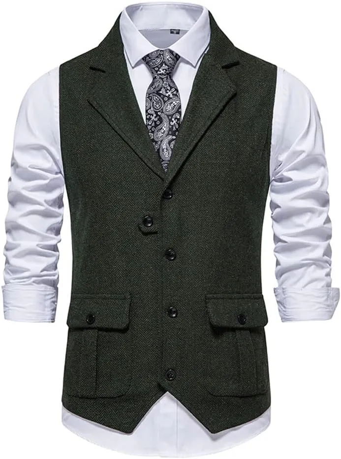 chouyatou Men's Herringbone Tweed Vest Notched Lapel Single Breasted Sleeveless Vest Jacket