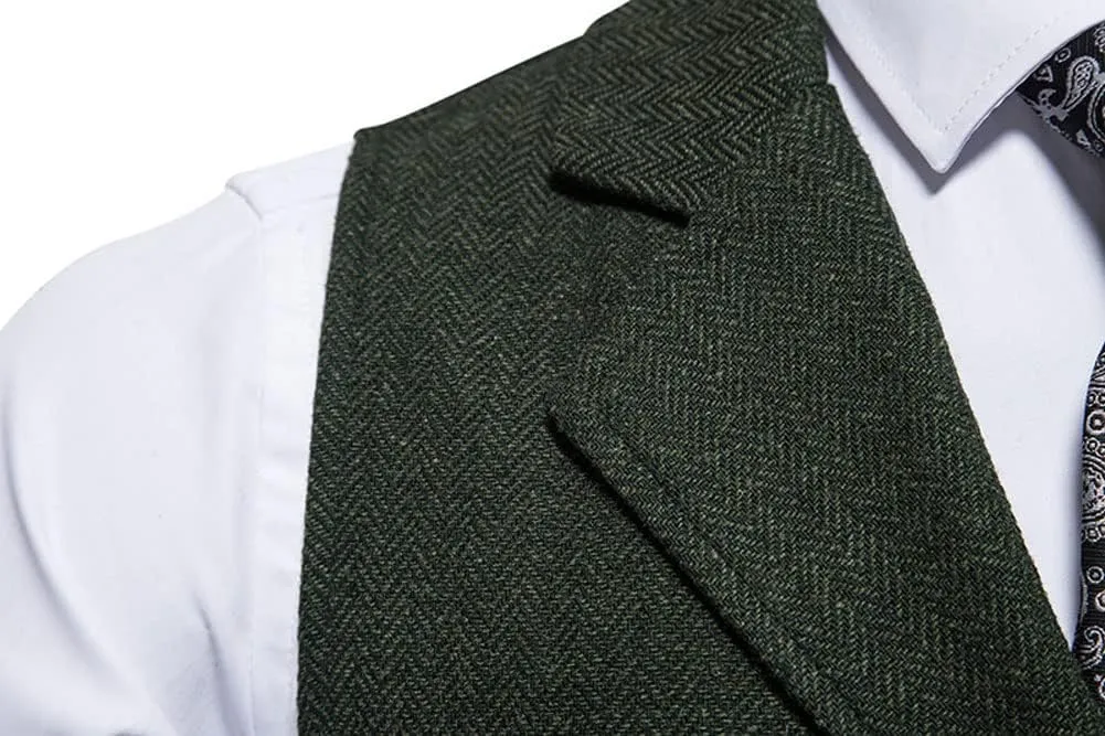 chouyatou Men's Herringbone Tweed Vest Notched Lapel Single Breasted Sleeveless Vest Jacket
