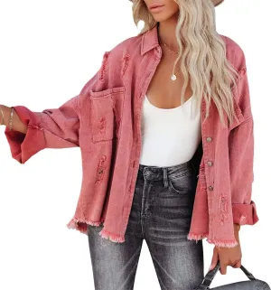 chouyatou Women's Boyfriend Ripped Holes Frayed Raw Hem Distressed Denim Jacket