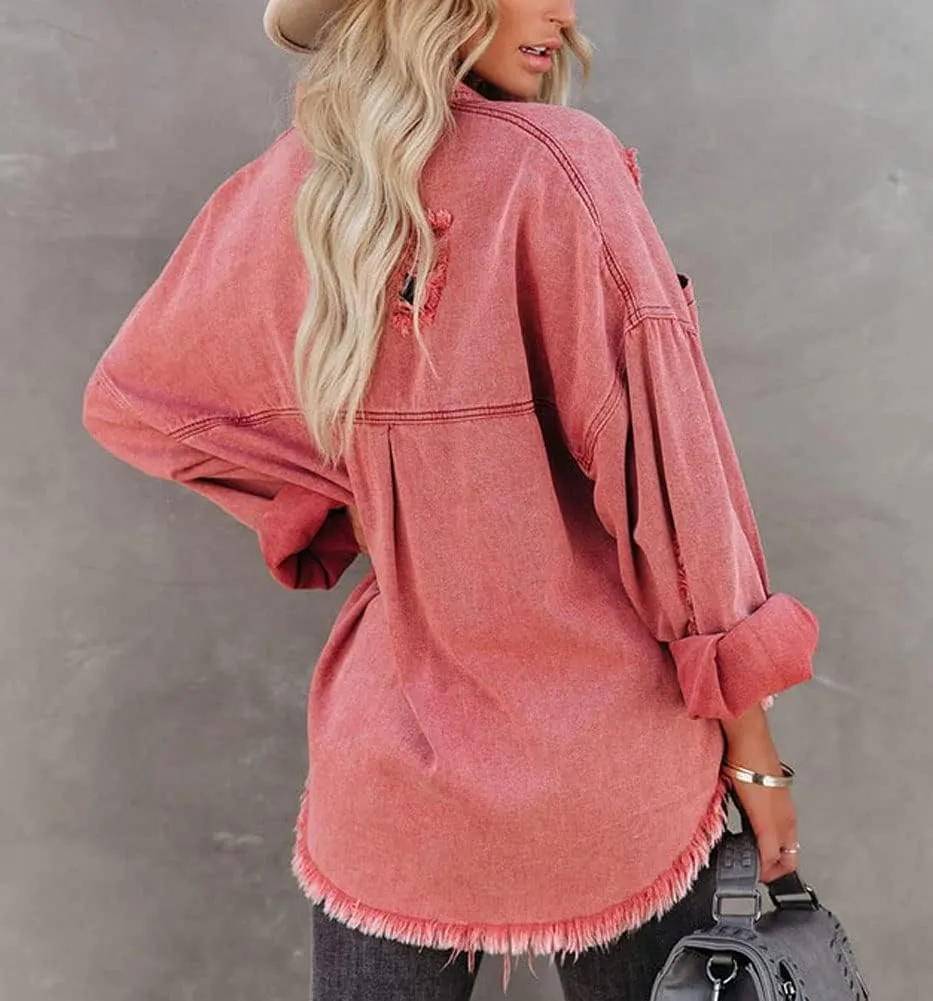 chouyatou Women's Boyfriend Ripped Holes Frayed Raw Hem Distressed Denim Jacket