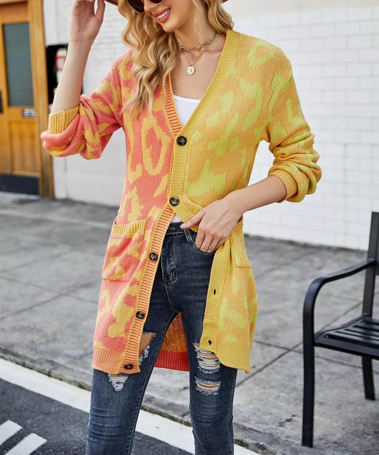chouyatou Women's Color Block Leopard Print Button Down Long Knit Cardigan Sweaters with Pockets