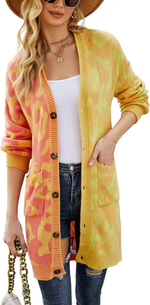 chouyatou Women's Color Block Leopard Print Button Down Long Knit Cardigan Sweaters with Pockets