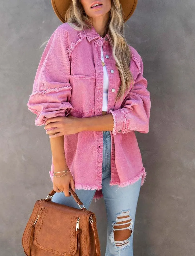 chouyatou Women's Fall Oversized Jean Jacket Casual Button Down Denim Shacket Jacket