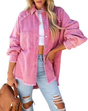 chouyatou Women's Fall Oversized Jean Jacket Casual Button Down Denim Shacket Jacket