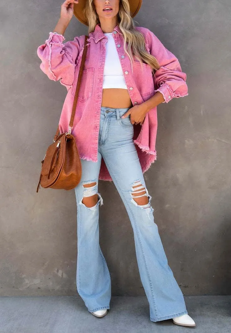 chouyatou Women's Fall Oversized Jean Jacket Casual Button Down Denim Shacket Jacket