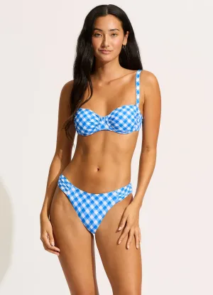 Ciao Bella Check High Leg Ruched Side Bikini Bottom - Azure
