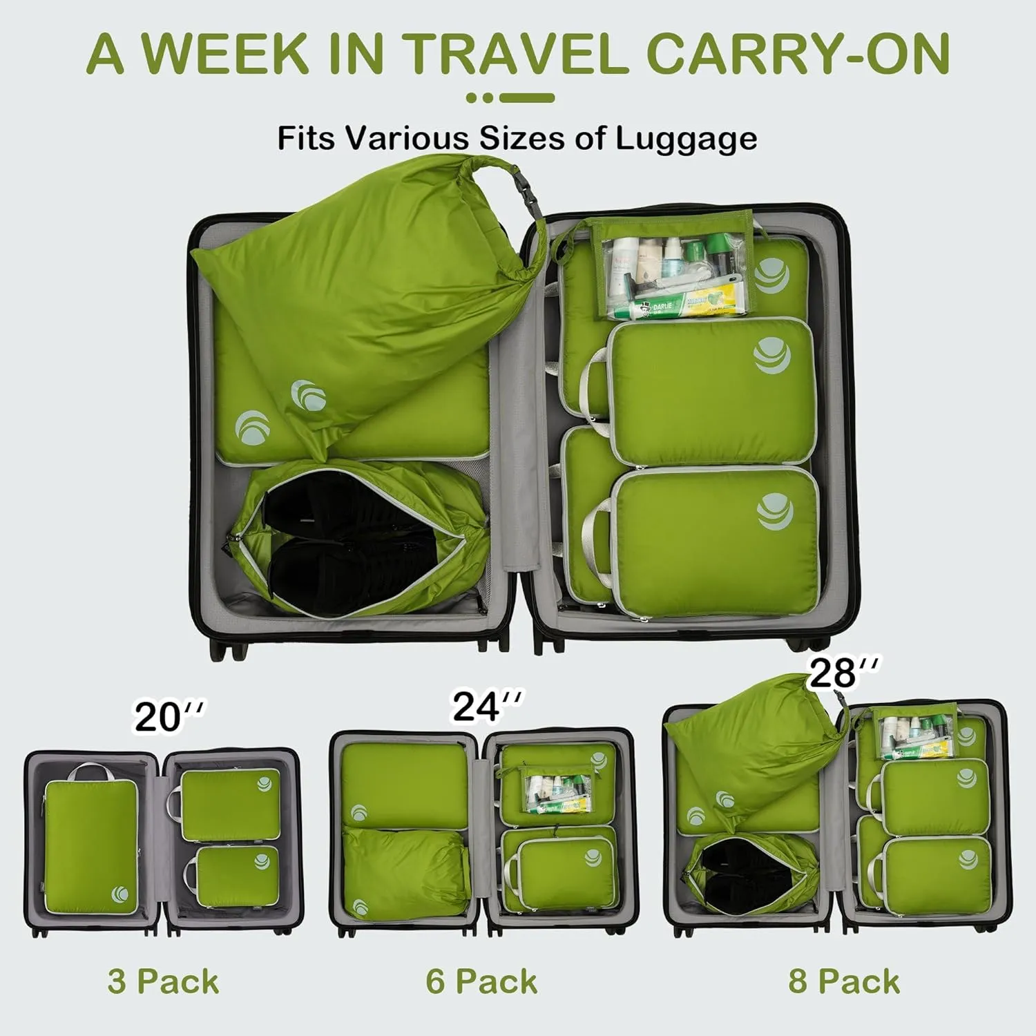 Cipway Compression Packing Cubes, Lightweight Travel Luggage Organizers with Shoe Bag, Toiletry Bag & Laundry Bag, Travel Essentials for Carry on Suitcase (8 Piece,Green)