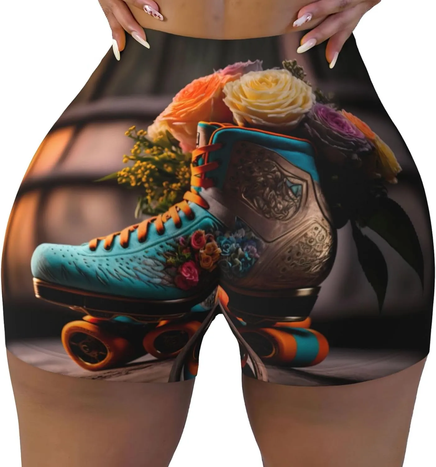 Classic Floral Blue Skate Shoes Seamless Workout Shorts Women - Athletic Biker Running Gym Yoga Shorts for Women