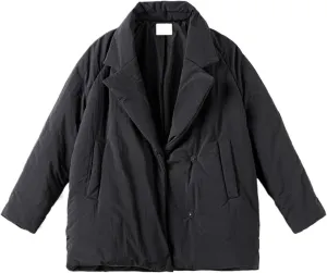 Collared Cotton-padded Coat Loose Fit Warm Puffer Black Outerwear For Women's Winter