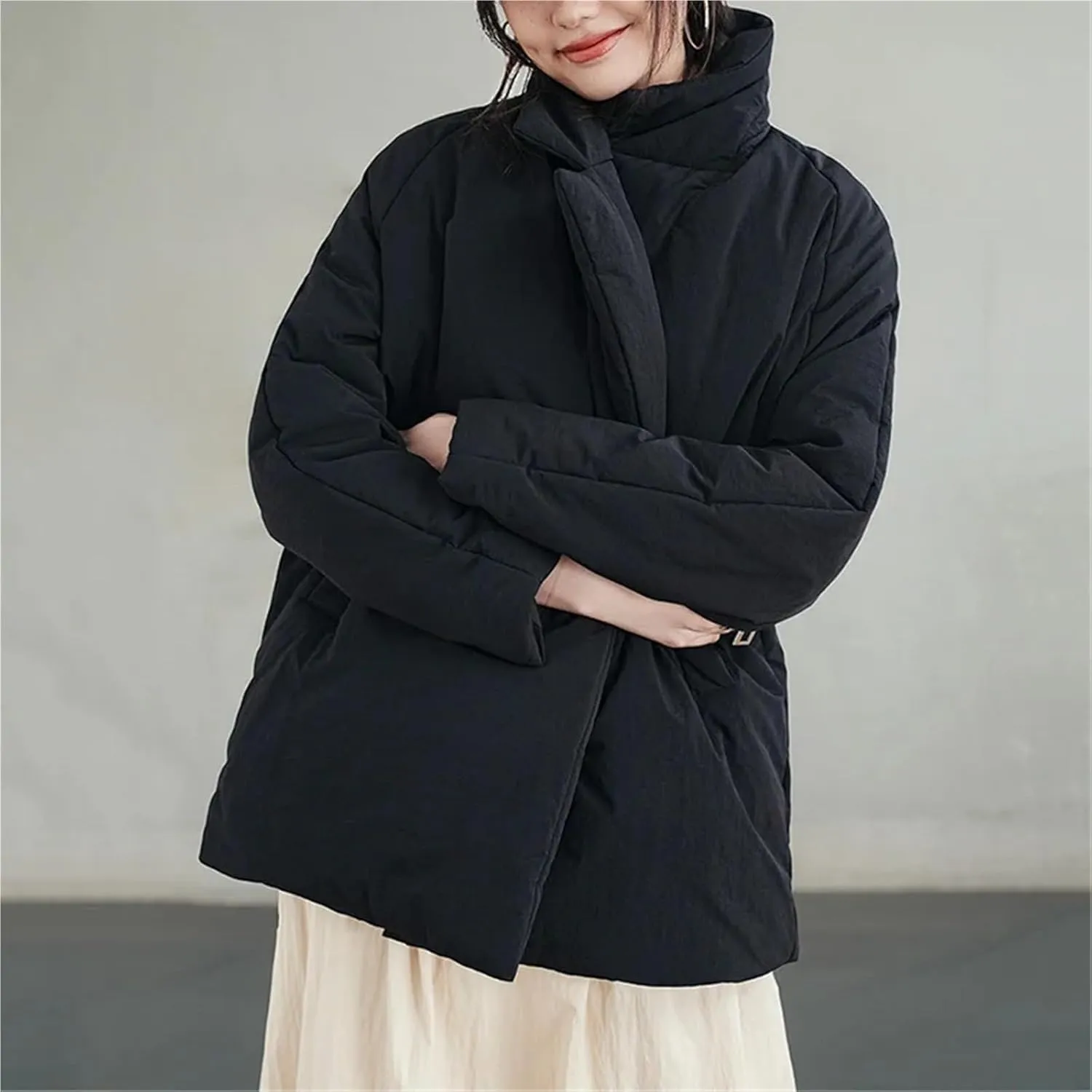 Collared Cotton-padded Coat Loose Fit Warm Puffer Black Outerwear For Women's Winter