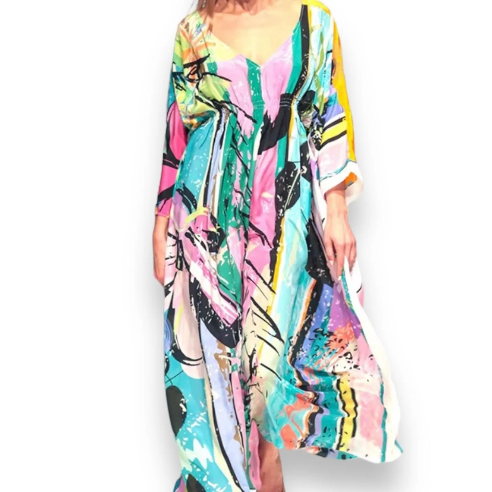 Colorful Cotton V-Neck Maxi Kaftan Dress