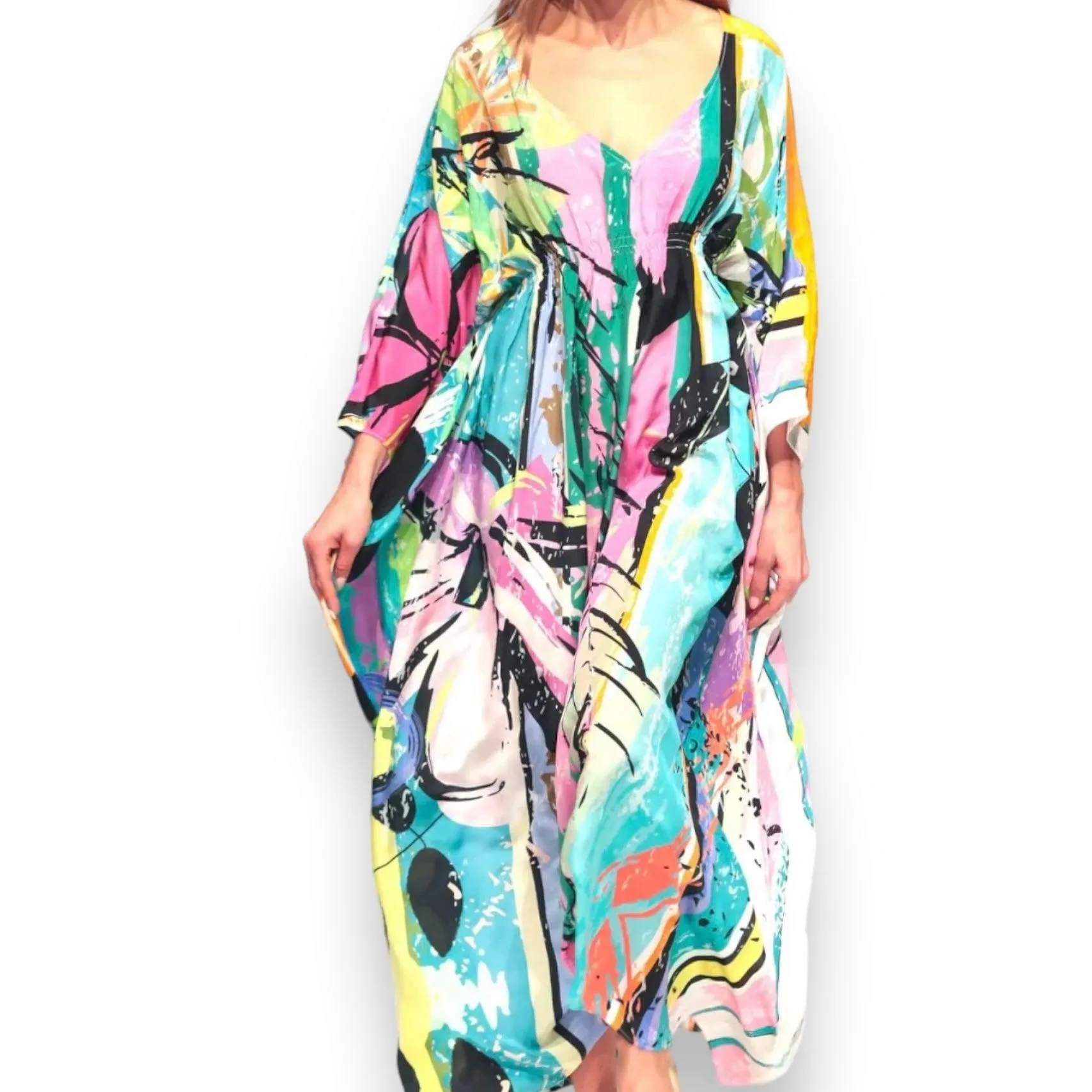 Colorful Cotton V-Neck Maxi Kaftan Dress
