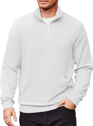 COOFANDY Mens Quarter Zip Pullover Quilted Sweatshirt Long Sleeve Mock Neck Sweater Polo Half Zip Pullover with Pocket