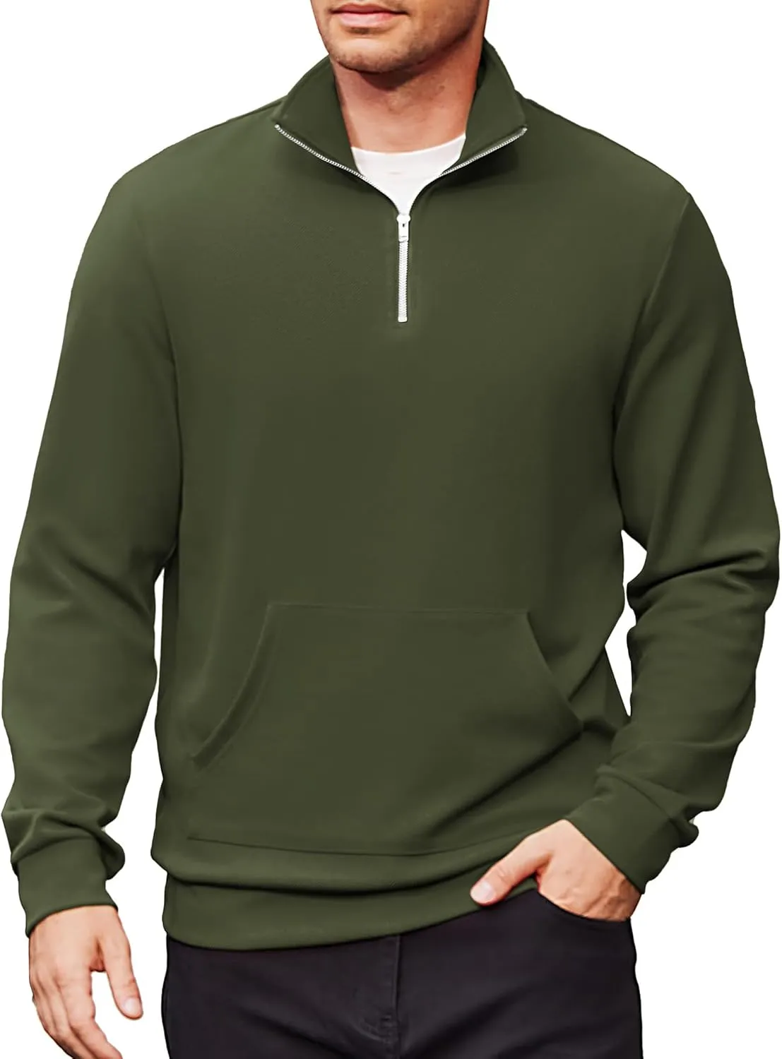 COOFANDY Mens Quarter Zip Pullover Quilted Sweatshirt Long Sleeve Mock Neck Sweater Polo Half Zip Pullover with Pocket