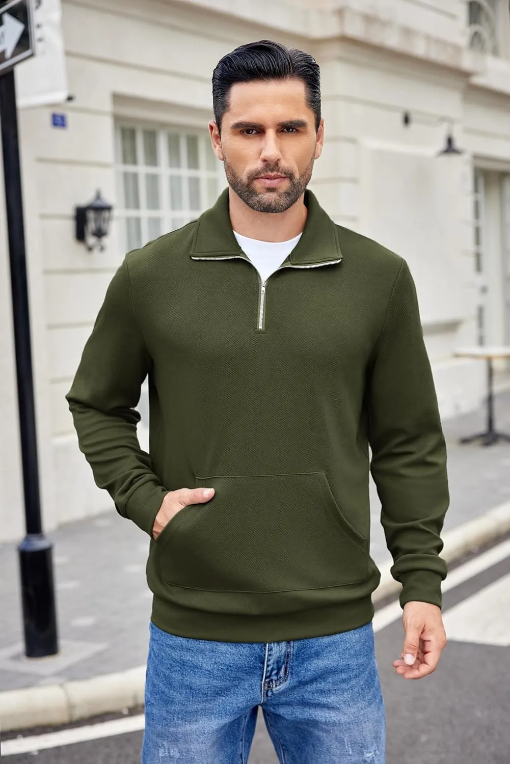 COOFANDY Mens Quarter Zip Pullover Quilted Sweatshirt Long Sleeve Mock Neck Sweater Polo Half Zip Pullover with Pocket