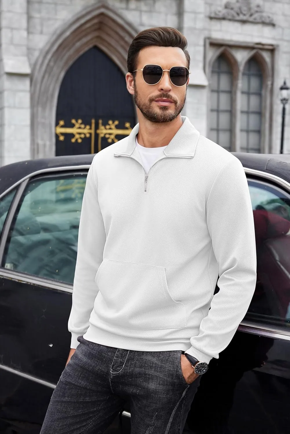 COOFANDY Mens Quarter Zip Pullover Quilted Sweatshirt Long Sleeve Mock Neck Sweater Polo Half Zip Pullover with Pocket