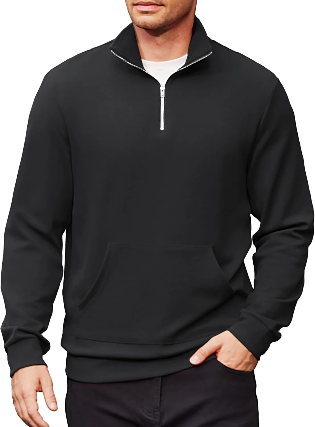 COOFANDY Mens Quarter Zip Pullover Quilted Sweatshirt Long Sleeve Mock Neck Sweater Polo Half Zip Pullover with Pocket
