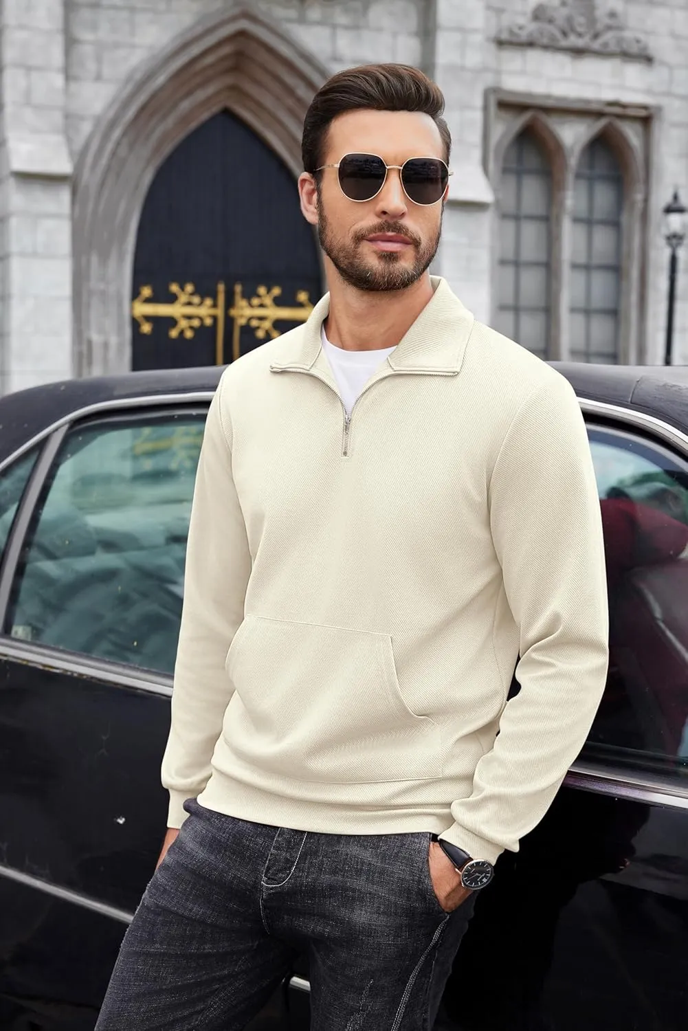 COOFANDY Mens Quarter Zip Pullover Quilted Sweatshirt Long Sleeve Mock Neck Sweater Polo Half Zip Pullover with Pocket