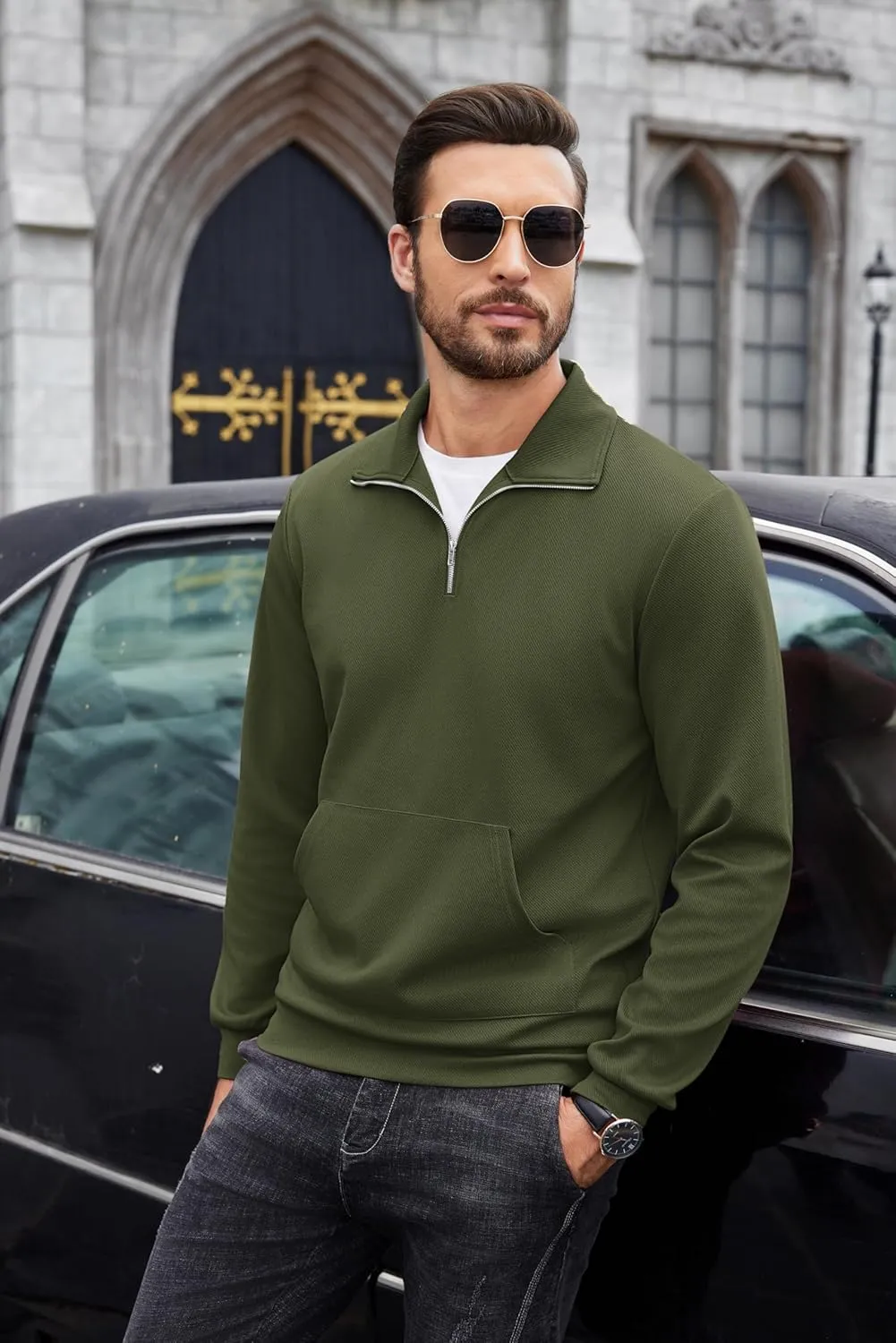 COOFANDY Mens Quarter Zip Pullover Quilted Sweatshirt Long Sleeve Mock Neck Sweater Polo Half Zip Pullover with Pocket