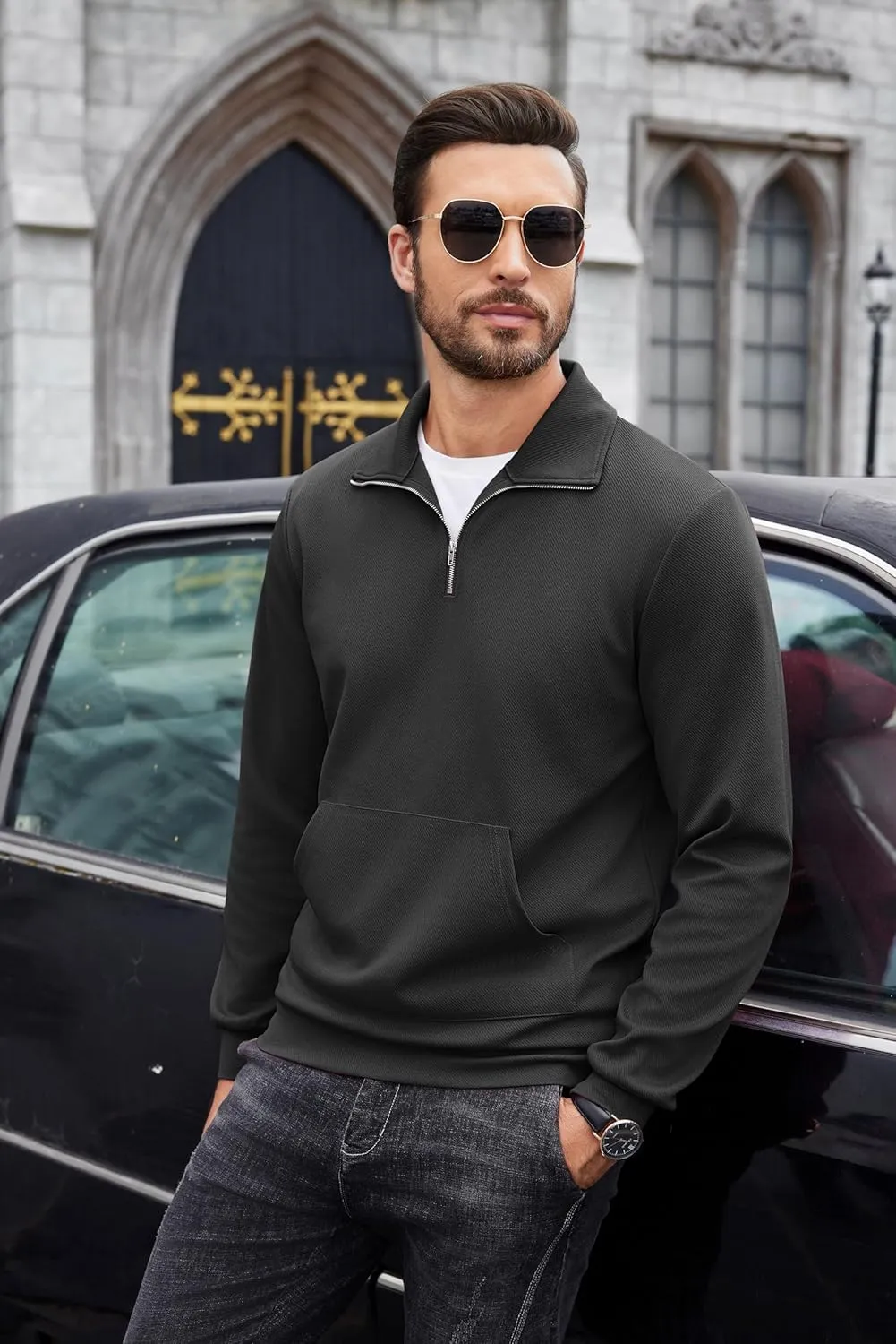 COOFANDY Mens Quarter Zip Pullover Quilted Sweatshirt Long Sleeve Mock Neck Sweater Polo Half Zip Pullover with Pocket