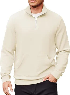 COOFANDY Mens Quarter Zip Pullover Quilted Sweatshirt Long Sleeve Mock Neck Sweater Polo Half Zip Pullover with Pocket