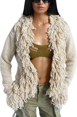 CORIRESHA Women's Trendy Y2K Fringe Trim Cardigan Sweater Open Front Long Sleeve Knit Outerwear