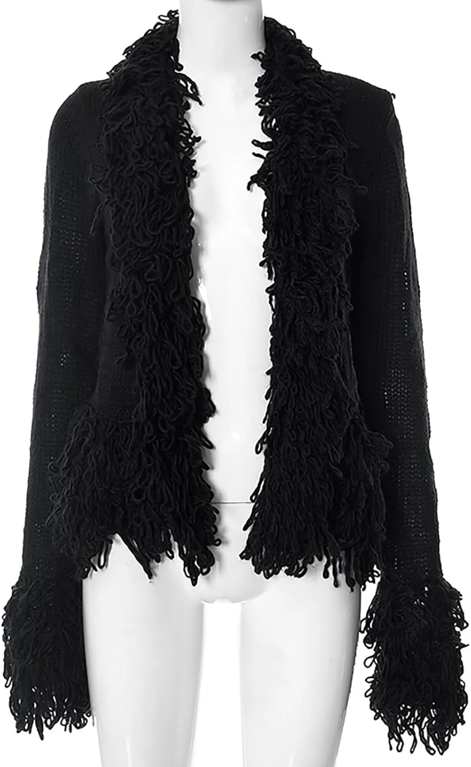 CORIRESHA Women's Trendy Y2K Fringe Trim Cardigan Sweater Open Front Long Sleeve Knit Outerwear