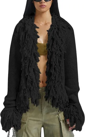 CORIRESHA Women's Trendy Y2K Fringe Trim Cardigan Sweater Open Front Long Sleeve Knit Outerwear