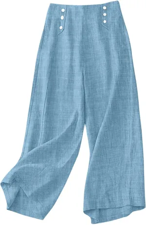 Cotton Linen Pant for Women Summer Casual Wide Leg High Waisted Trouser Drawstring Elastic Waist Pants with Pockets